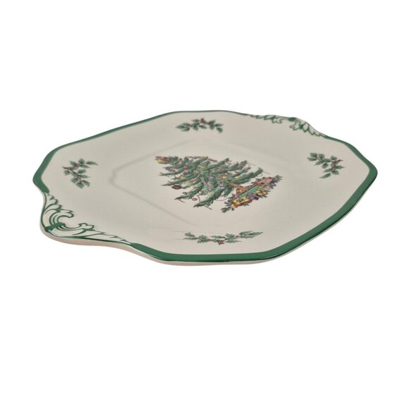 Spode Christmas Tree Handled Cake Plate S3324 V England Green Trim Indent - Picture 8 of 10